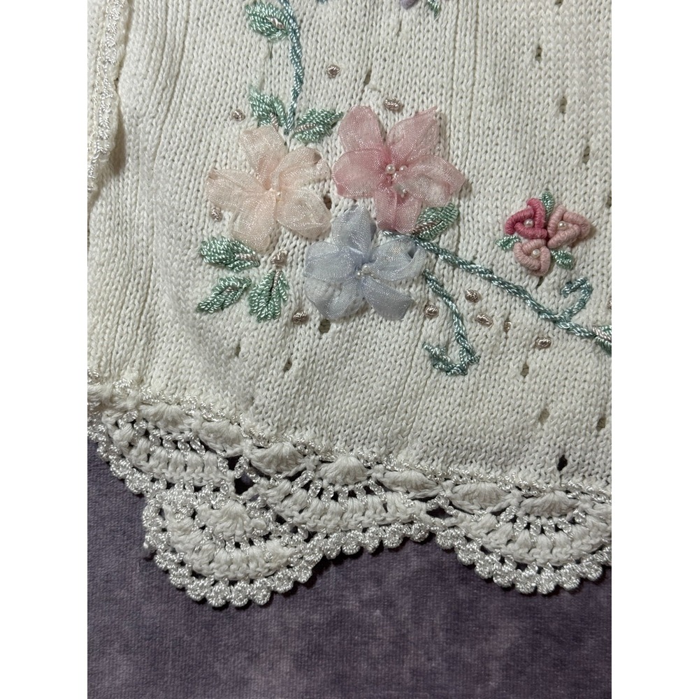 Vintage Koret Cardigan Sweater Womens S Cream Floral Embroidered Scalloped Knit‎ - Picture 14 of 14